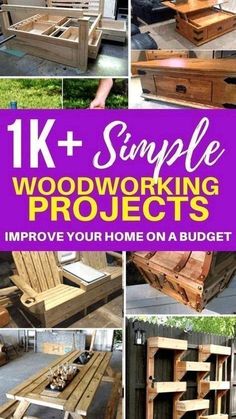 some woodworking projects that are being made with pallets and other items on the ground