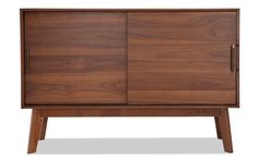 the sideboard is made from wood and has two doors, one with an open drawer