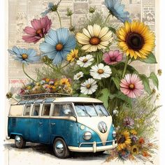 an old vw bus with flowers in front of it and newspaper pages behind it