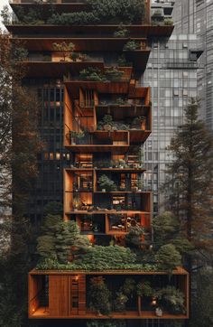 a tall building with lots of plants growing on it's sides