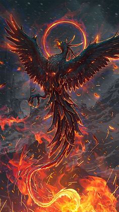 a large bird flying over a fire filled field