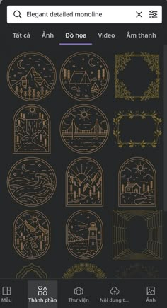 an iphone screen showing the icons for different types of items in gold on black background