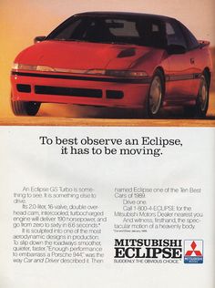 an advertisement for the nissan eclipse sports car, with text describing it as to best observe an eclipse, it has to be moving