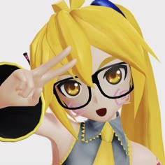 a cartoon girl with glasses and a yellow tie is making the peace sign while holding her hand up in front of her face