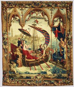 an old tapestry with people on boats in the water