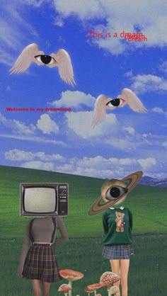 there is a woman standing in front of a tv with two birds flying above her