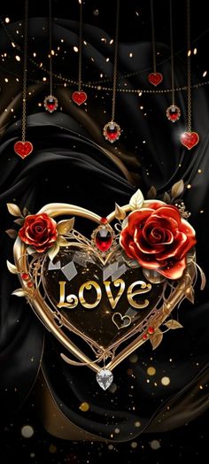 a heart shaped frame with two roses on it and the word love written in gold