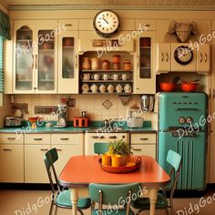 an old fashioned kitchen with blue chairs and orange table in the center, surrounded by white cabinets