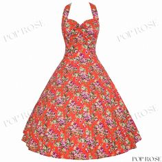 Stunning Long Gown with Soft Fabric and Adjustable Neckline Retro Rose Print Summer Dress, Retro Rose Print Spring Dresses, Retro Red Wedding Dress, Red Rose Print Dress For Spring, Red Floral Print Cotton Dress, Vintage Pink Rose Print Dress, Red Halter Neck Dress For Garden Party, Vintage Rose Print Pink Dress, Vintage Pink Dress With Rose Print