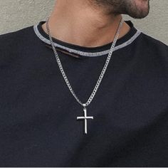 Questions? Leave A Comment Below! Silver Jewellery Aesthetic Men, Silver Jewellery Aesthetic, Silver Cross Chain, Mens Silver Chain Necklace, Men's Boutique, Cross Chain Necklace, Blue Tungsten Ring, Bike Chain Bracelet, Armani Watches For Men