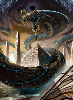 an image of a futuristic city in the sky with large snakes on it's sides