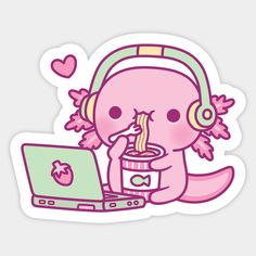 an animal with headphones is eating noodles from a cup while using a laptop computer