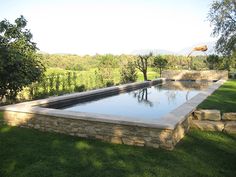 an empty pool in the middle of a grassy field