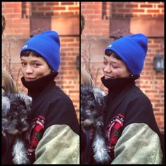 two pictures of a boy wearing a blue hat and holding a dog in his arms