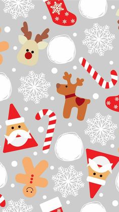 christmas seamless pattern with santa, reindeer and snowflakes on grey background illustration