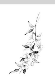 a black and white drawing of flowers on a branch