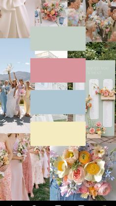 a collage of photos with different colors and flowers on them, including the bridesmaid's bouquets