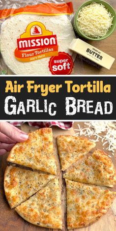 The best cheesy comfort food in less than 10 minutes! How to make the most delicious cheesy garlic bread in your air fryer with flour tortillas, butter, cheese, and seasoning. We love making this as a quick snack when we are craving something yummy to eat, but it’s also a great last minute side dish to serve with dinner. It's awesome with salad! You could also serve it as a last minute appetizer with some dipping sauce. Last Minute Snacks, Tortilla Garlic Bread, Cheesy Tortilla, Air Fryer Tortilla, Lazy Dish, Creamy Chicken And Rice, Air Fryer Recipe, Garlic Bread Recipe, Mini Oven