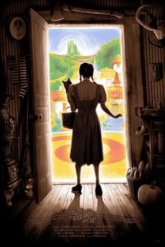 a woman standing in front of an open door with a cat on her shoulder, and the words'wizard written across it