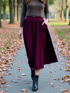 Chic fall midi skirt and sweater outfit Pleated Midi Skirt Outfit Winter, Midi Skirt And Sweater Outfit, Pleated Skirt Outfit Fall, Midi Skirt And Sweater, Fall Midi Skirt, Burgundy Skirt Outfit, Midi Skirt Boots, Skirt And Sweater Outfit, Midi Skirt Outfit Fall