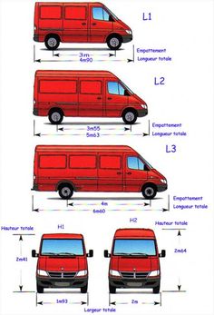 four red vans are shown in three different sizes, with the names and measurements for each vehicle