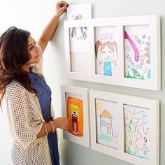 If you're like me you probably have a bunch of artwork on the fridge with school ending. We found the coolest way to show off your child's artwork with thes... Girls Rainbow Bedroom, Artwork Frames, Small Playroom, Rainbow Bedroom, Ideas Habitaciones, Kids Organization, Frame Kids Art, Kids Interior Design