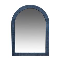 an arched mirror is shown against a white background with blue fabric on the edges and bottom