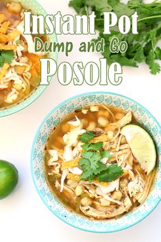 two bowls of instant pot dump and go posole with cilantro on the side