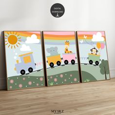 three children's wall art prints featuring animals on train tracks