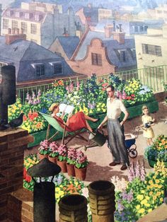 a painting of a man watering flowers in a flower garden with children playing around it