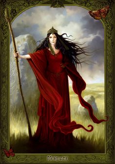 a painting of a woman with long hair holding a staff and wearing a red dress