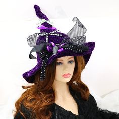 Ready for the renfair, cosplay, a festival, Halloween, a visit to Salem, or just for fun - this Big Bow sparkling velvet witch hat is easy to wear. Soft enough to fold for travel, but firm enough to stand on its own. This hat has that creepy elegance that is so hard to find, but can also be transformed into your everyday witchy look. Just move the bows around or take them off for a completely different look. I've crocheted the crooked into the hat so the tip is already angled. The removable tulle ribbon bow is layered with sparkling Tulle and satin ribbons and a rat just for fun. Three additional removable ribbons sit above the big bow. The 3" wired brim can be shaped to frame your face any way you like. Folds flat for travel.  -This witchy hat has stretch so it will comfortably fit betwee Themed Halloween Costume Hats And Headpieces For Party, Themed Halloween Party Costume Hats And Headpieces, Witchy Halloween Costume Accessories With Curved Brim, Novelty Costume Hats For Halloween Themed Events, Gothic Costume Accessories For Carnival And Cosplay, Themed Halloween Costume Cap Accessories, Themed Halloween Costume Cap, Novelty Brimmed Halloween Costume Hats And Headpieces, Halloween Themed Costume Accessories With Curved Brim