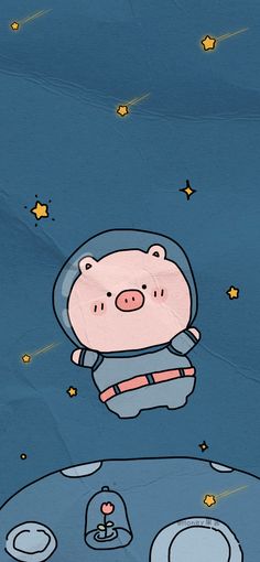 a cartoon pig flying through the air on top of a space ship with stars in the sky