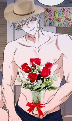 a man with no shirt holding a bouquet of roses in his hand and wearing a cowboy hat