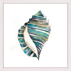 a watercolor painting of a blue and white seashell in a white frame on a white wall