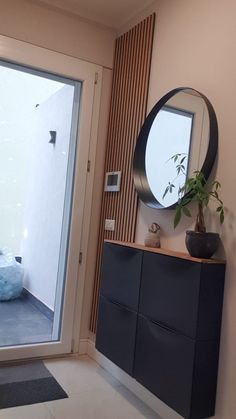 a room with a mirror, dresser and plant in it