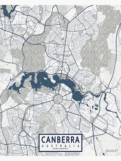 a blue and white map of canberra with the words canbera in it's center