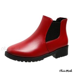 Olivia Mark - Stylish Low-Heeled Martin Boots with Round Toe - Fashionable Short Leather Shoes Red Ankle Boots, Low Heel Ankle Boots, Rough Heels, Boots For Short Women, Martin Boots, Fall Shoes, Short Boots, Olivia Mark, Leather Ankle Boots