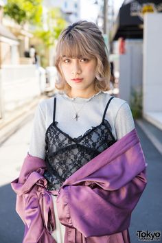 Blonde Haired Girl, Tokyo Fashion Street, Ruffle Collar Top, Thrift Flips, Lace Pants, Aesthetic Fits, Tokyo Fashion, Lace Camisole