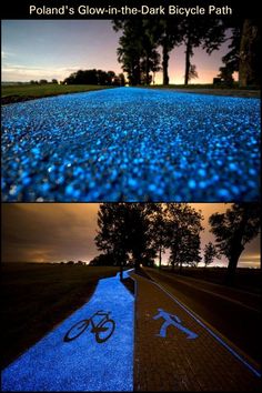 two photos side by side, one is blue and the other has a bike on it