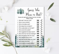 a printable guess the mean or dad game on a table with flowers and greenery