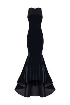 Velvet gown with ruffled skirt black 9G010 – RASARIO How To Style A Maxi Dress, Black Velvet Gown, Design Your Own Shoes, Long Midi, Voluminous Sleeves, Velvet Gown, Dream Dresses, Formal Outfits, Long Midi Dress