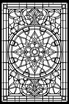 a black and white stained glass window with an intricate design in the center, surrounded by flowers