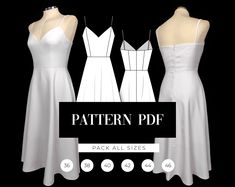 three white dresses on mannequins with the text pattern pdf pack all sizes