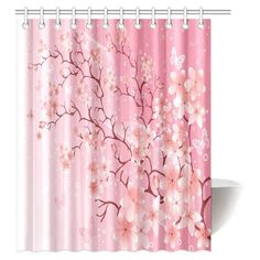 a shower curtain with pink flowers on it