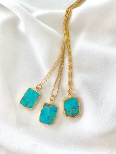 Rectangle Turquoise Pendant Necklace - Gold Filled Figaro Chain - Box Chain - December Birthstone Gift Turquoise Gemstone Necklace, Rectangular Turquoise Gemstone Necklaces, Handmade Turquoise Necklace With Square Pendant, Turquoise Square Pendant Necklace For Jewelry Making, Turquoise Gemstone Rectangular Pendant Jewelry, Rectangular Turquoise Gemstone Necklace, Gift Turquoise Necklace With Natural Stones, Blue Rectangular Birthstone Necklace, Turquoise Gemstone Square Pendant Necklace