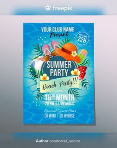 a flyer for a summer party with an image of various items on the front and back