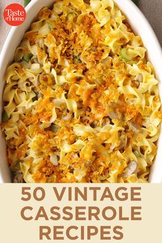 the cover of 50 vintage casserole recipes, with an image of a casserole dish