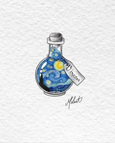 a blue bottle with a tag on it and the words van goghn written in black ink