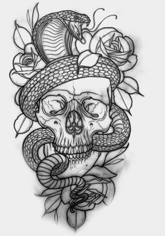 a drawing of a skull wearing a hat with roses on it and a snake wrapped around its neck